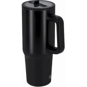 A drink bottle in sleek black with a handle and a sliding lid. Features a modern, simple design.