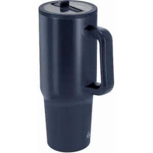 A drink bottle in navy blue with a handle and a stainless steel lid featuring a sliding opening.