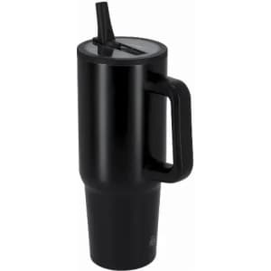 A drink bottle in matte black with a wide base, a handle, and a straw for easy sipping.
