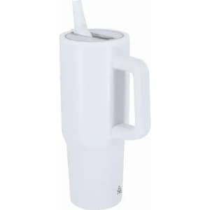 A drink bottle in white with a handle and a straw, featuring a simple design and a logo.