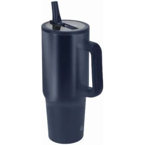 A drink bottle with a navy blue colour, featuring a handle and a straw. It has a sleek, modern design and a logo.