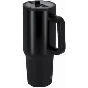 A drink bottle in matte black with a handle and a silver lid, featuring a branding logo on the surface.