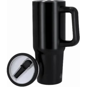 A drink bottle with a handle, featuring a black matte finish and a clear lid with a drinking straw opening.