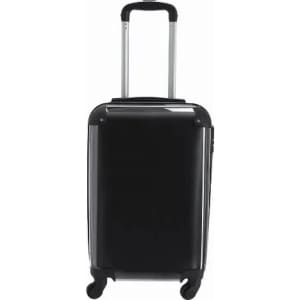 A suitcase in glossy black with a retractable handle and four wheels for easy movement.