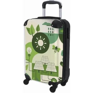 A suitcase featuring a green and white design with trees, solar panels, and nature motifs. It has a retractable handle and wheels.