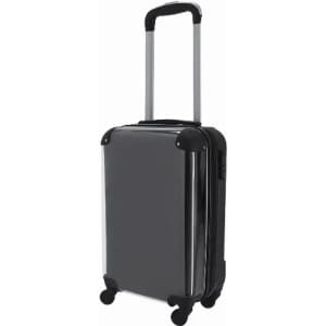 A black suitcase with a glossy finish, featuring a retractable handle and four wheels for easy mobility.
