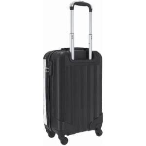 A black suitcase with a telescopic handle and four wheels, featuring a textured exterior and a silver accent.