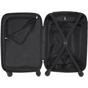 A black suitcase with wheels, featuring an interior pocket and straps for securing contents, viewed from above.
