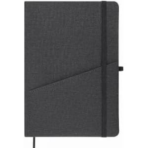 A notebook with a textured black cover, featuring an elastic band and a diagonal pocket design.