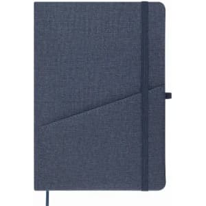A notebook with a textured navy blue cover, featuring an elastic closure and a diagonal pocket design.