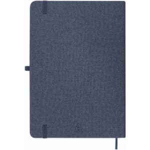 A notebook with a textured navy blue cover, featuring an elastic closure and a ribbon bookmark.