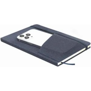 A navy blue notebook with an elastic band features a pocket holding a smartphone.