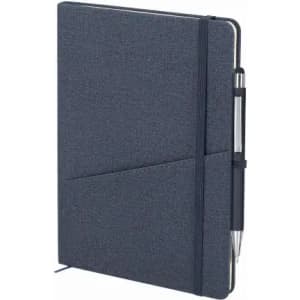 A dark blue notebook with a textured cover, featuring a pen attached and a pocket for holding notes.