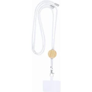 A lanyard with a wooden accent, featuring a clear ID holder and white straps.