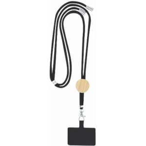 A black lanyard with a wooden bead and a rectangular holder for identification cards.