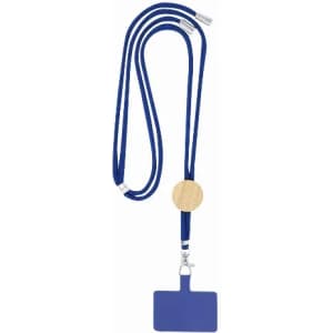 A lanyard with a blue strap and a rectangular blue name tag holder attached.