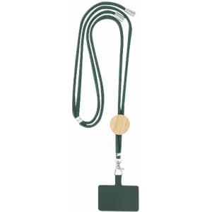 A lanyard with a green strap and a circular wooden connector, featuring a rectangular green ID badge holder.