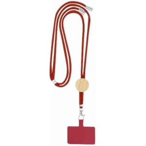 A lanyard with a red strap, featuring a round wooden bead and a rectangular badge holder.