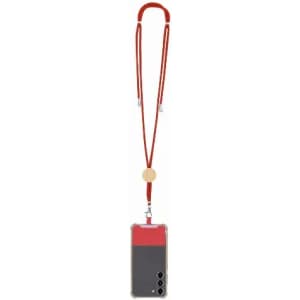 A phone holder with a red lanyard, featuring a clear case with red and grey sections. It includes a circular attachment.