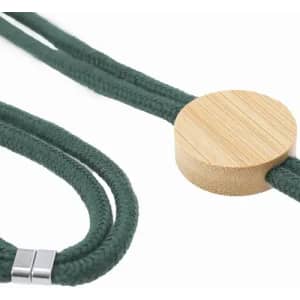 A green braided lanyard with a wooden round slider and a silver connector.