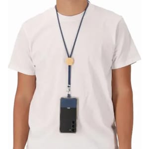 A phone holder with a blue strap worn around the neck, holding a smartphone. The holder features a circular piece.