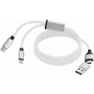 A charging cable with a silver and white braided design featuring USB, USB-C, and Lightning connectors.