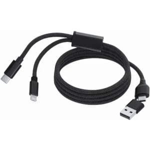 A charging cable with a black braided design featuring USB, Type-C, and Lightning connectors.