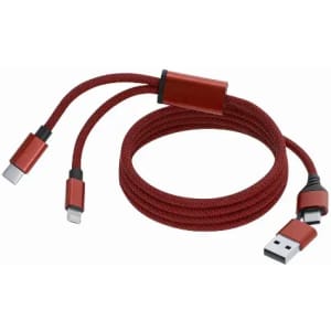 A charging cable with a red woven design featuring multiple connectors, including USB-A, USB-C, and Lightning.