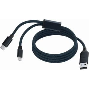 A charging cable with a braided navy blue design, featuring USB-C and Lightning connectors on each end.
