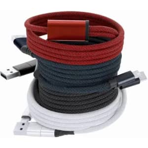 A collection of charging cables in red, black, grey, and white, with a cable organiser included.