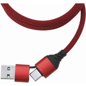 A charging cable in red with a textured braided design and USB connectors on both ends. It features a metallic red casing.