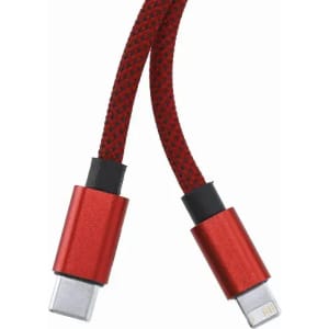 A red braided charging cable with metal ends, featuring two connectors.