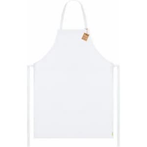 A white apron with adjustable ties and a small tag attached, featuring a simple design.