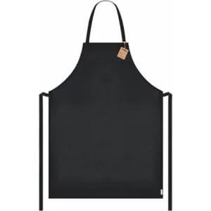 A black apron with adjustable ties and a hang tag. It features a simple, minimalist design.