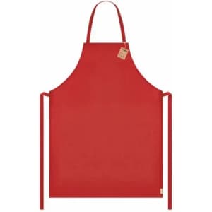 A red apron with ties and a tag, featuring a simple design and no visible patterns.