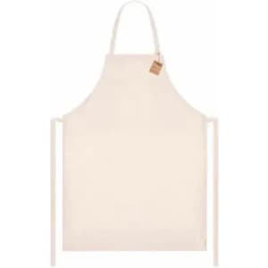A cream-coloured apron with long ties and a simple design, featuring a hanging tag.