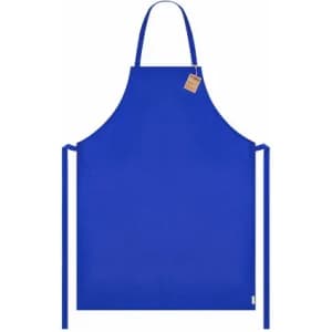 A blue apron with ties and a neck loop, featuring a simple design and a tag.