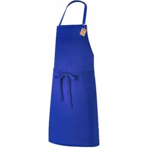 A blue apron with a tie at the waist and a neck strap, featuring a tag.