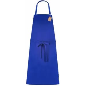A blue apron with a neck strap and a waist tie, featuring a tag but no visible logos.