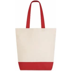 A tote bag featuring a cream body with a red base and red handles. It has a simple design and lacks additional branding.
