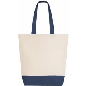 A tote bag featuring a cream body and navy blue bottom, with long handles for carrying.