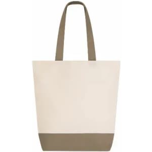 A tote bag featuring a cream upper section and a brown bottom, with two carry straps. It has a simple design and a logo.