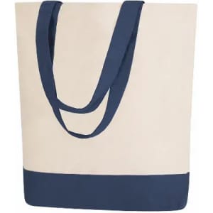 A tote bag in natural fabric with a navy blue bottom and handles, featuring a logo on the front.