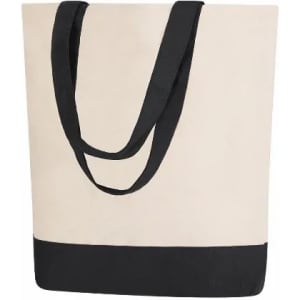 A canvas tote bag in cream with a black base and black straps, featuring a simple design and no visible logos.