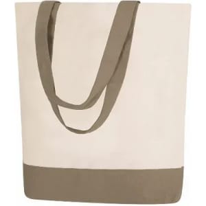 A tote bag in cream with a brown base and matching handles, featuring a simple design.