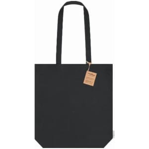 A tote bag in black with two handles and a leather tag attached. The bag has a simple and minimalistic design.