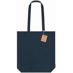 A navy blue tote bag with two handles and a tag attached. The design is simple and unadorned.