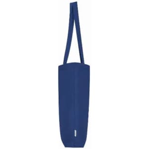 A drink bottle holder in navy blue with long straps and a simple design. It includes a branding logo.