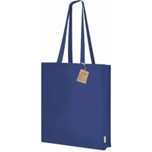 A blue reusable tote bag with two long handles and a tag. It has a simple, solid colour design.