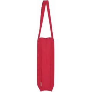 A red tote bag with a long strap and a sleek, modern design. It features a branding logo.